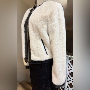 Karl Lagerfeld Paris, a Creamy Soft Faux Fur Teddy Jacket w/ Black Leather Trim